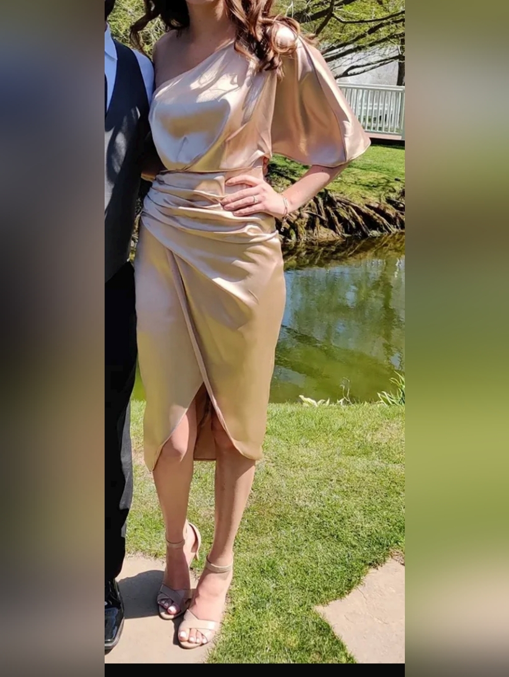 Off Shoulder Champagne Satin Dress